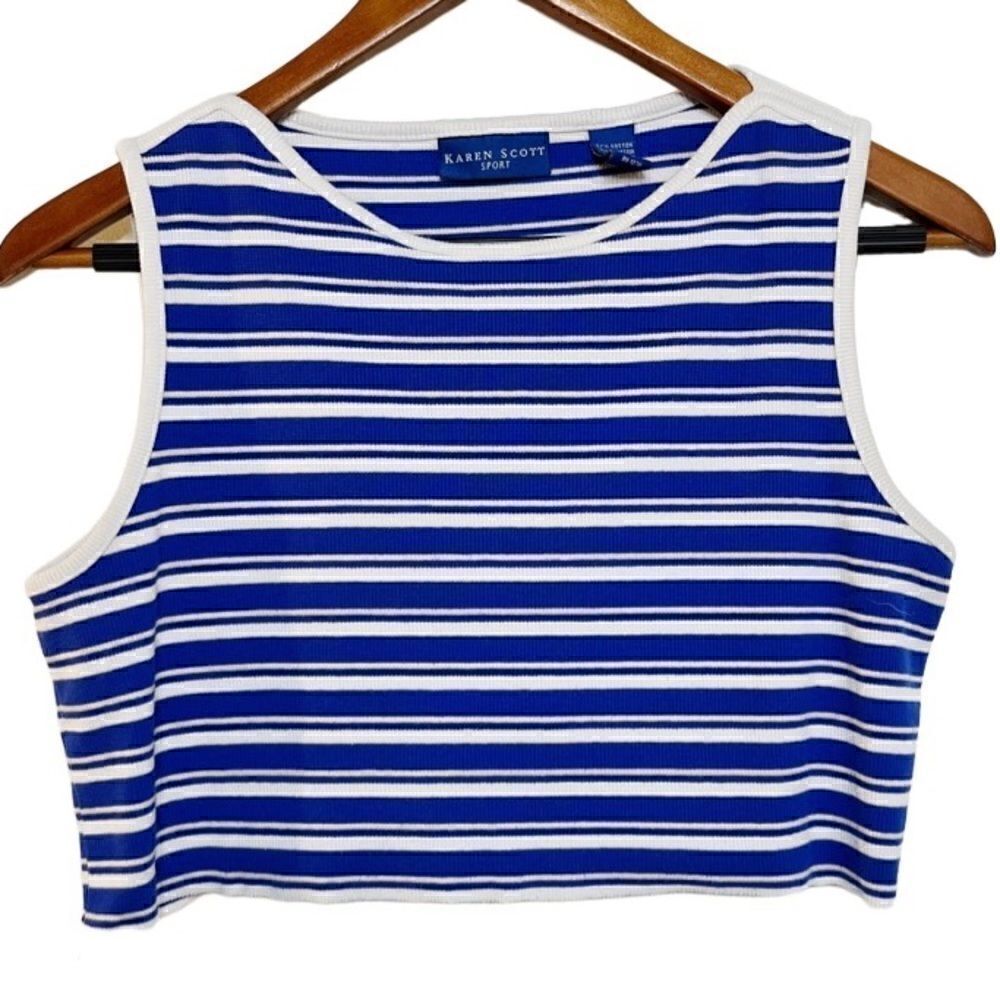 Karen Scott Sport Horizontal Striped Raw Edge Crop Top Blue & White Size Small